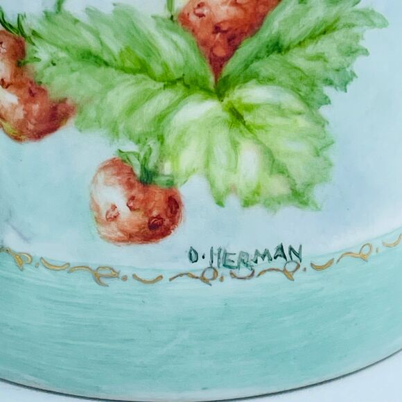 VTG Porcelain Baby Blue Tankard Mug Hand Painted Strawberries Vines Signed OOAK - Picture 5 of 8